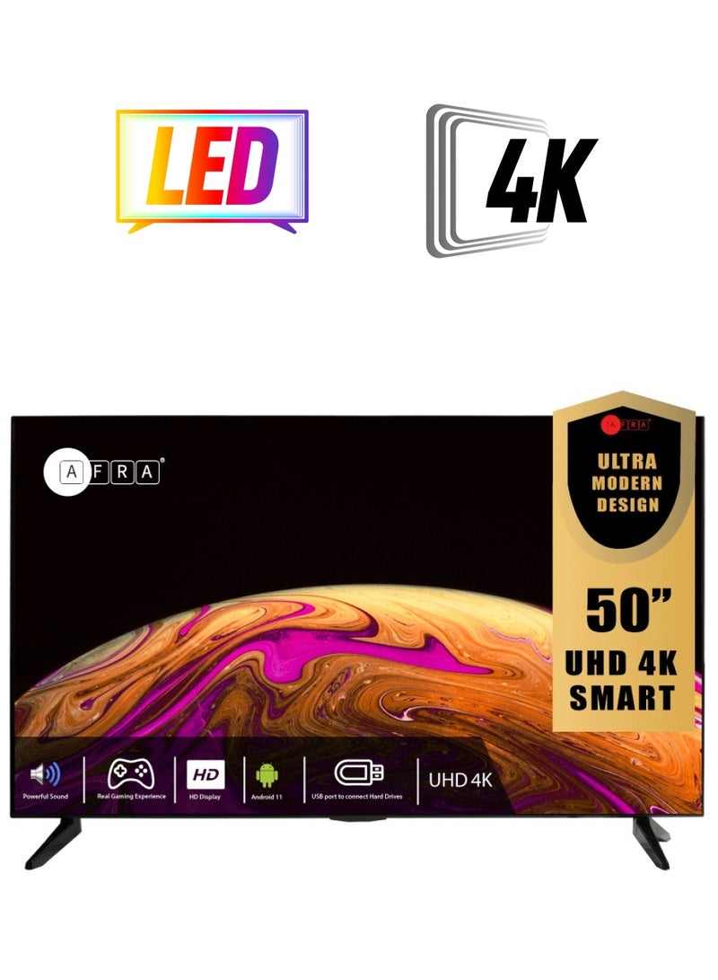 AFRA Smart TV 50 Inch UHD 4K Frameless LED Android 11 HDMI USB VGA PC & Game Console Connection Internet Streaming Netflix Hulu YouTube Prime Video AF-50114KBK Black  - Image 1