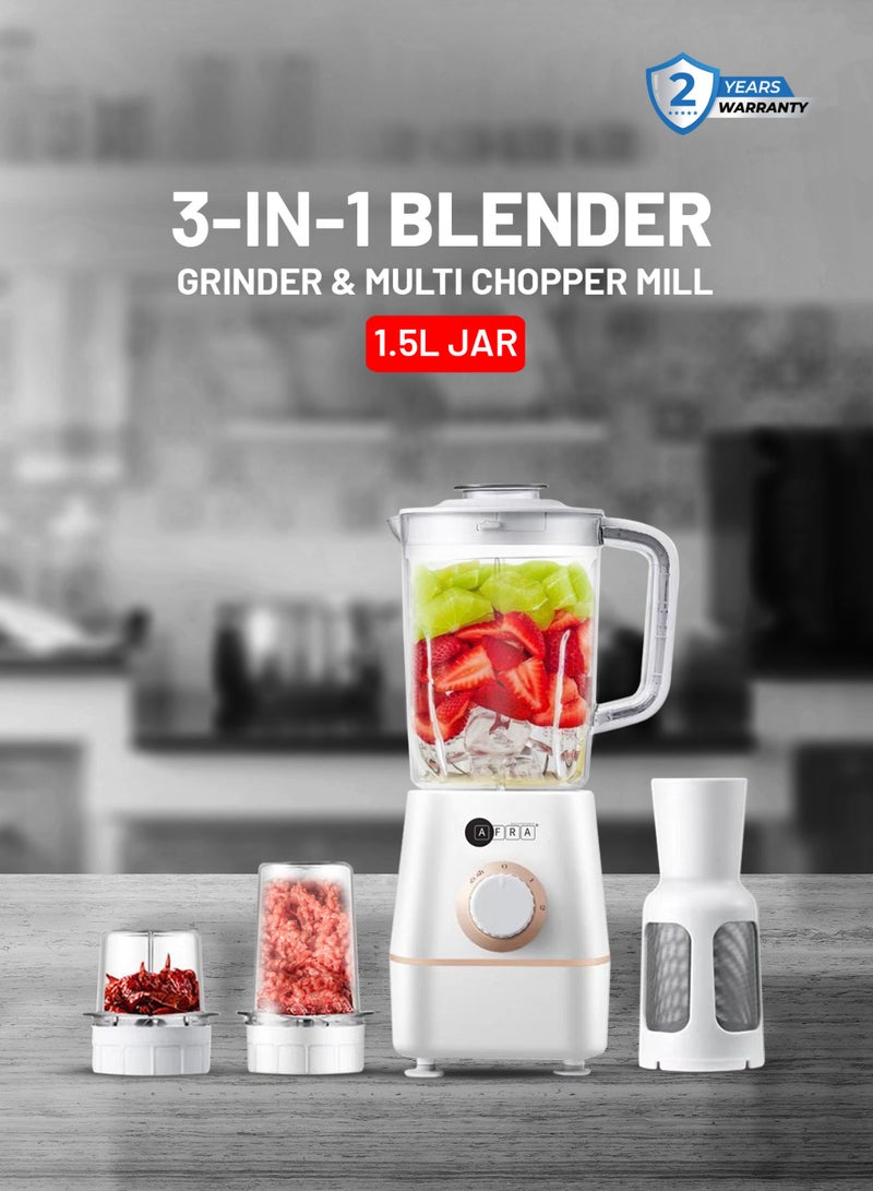 AFRA 3-In-1 Blender with Stainless Steel Blades, Chopping & Grinding Mill, Filter & Strainer | 2-Speed with Pulse Function, Overheat Protection, Powerful 100% Copper Motor | BPA-Free 1.5L Liquid Jar | 2-Year Warranty 1.5 L 400 W AF-0400BLWT white  - Image 1