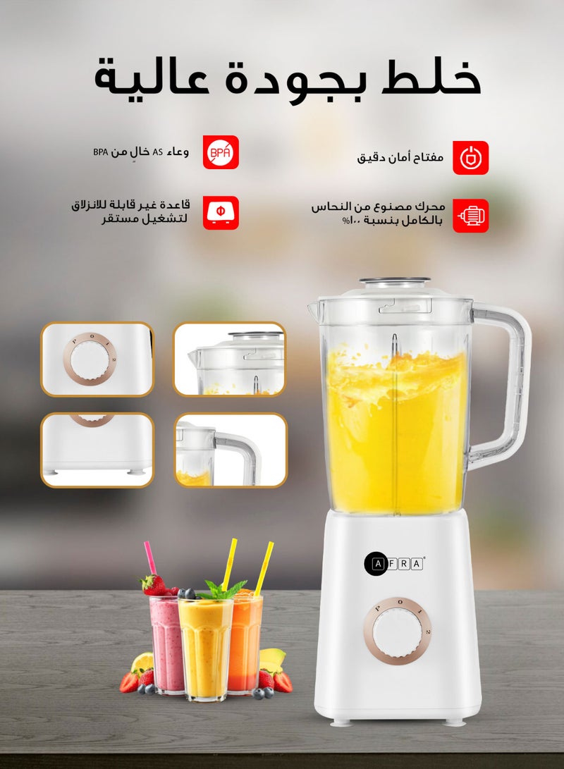 AFRA 3-In-1 Blender with Stainless Steel Blades, Chopping & Grinding Mill, Filter & Strainer | 2-Speed with Pulse Function, Overheat Protection, Powerful 100% Copper Motor | BPA-Free 1.5L Liquid Jar | 2-Year Warranty 1.5 L 400 W AF-0400BLWT white  - Image 3