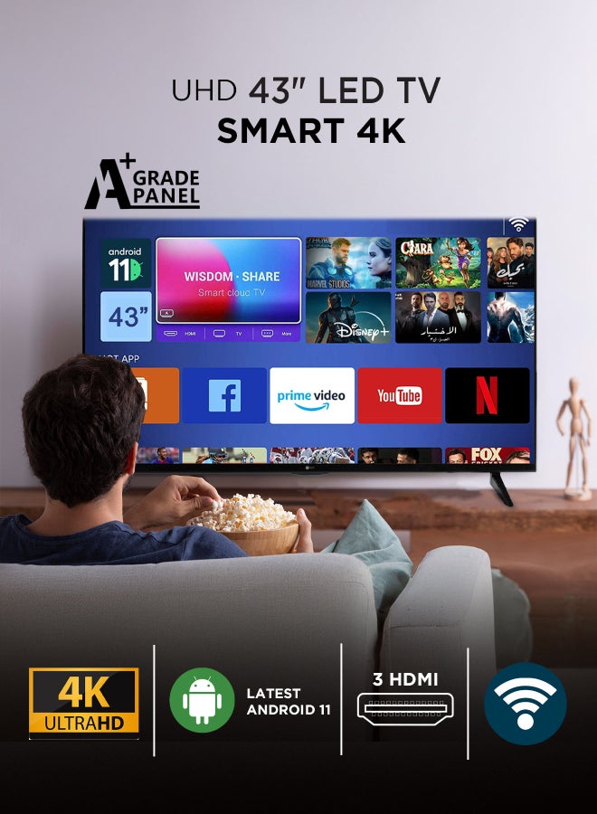 عفرا - تلفزيون ذكي 43 بوصة UHD 4K بدون إطار LED Android 11 HDMI USB VGA اتصال بالكمبيوتر ووحدة التحكم في الألعاب بث عبر الإنترنت Netflix Hulu YouTube Prime Video - Image 1