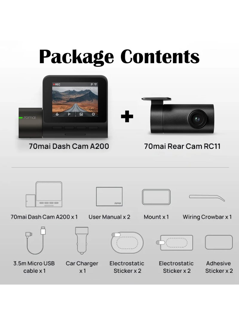 A200 HDR Dual Dash Camera, 1080P HDR Front & 1080P Rear, Night Owl Vision, MaiColour Vivid+, G-Sensor, App Playback & Share, Optional Parking Monitoring