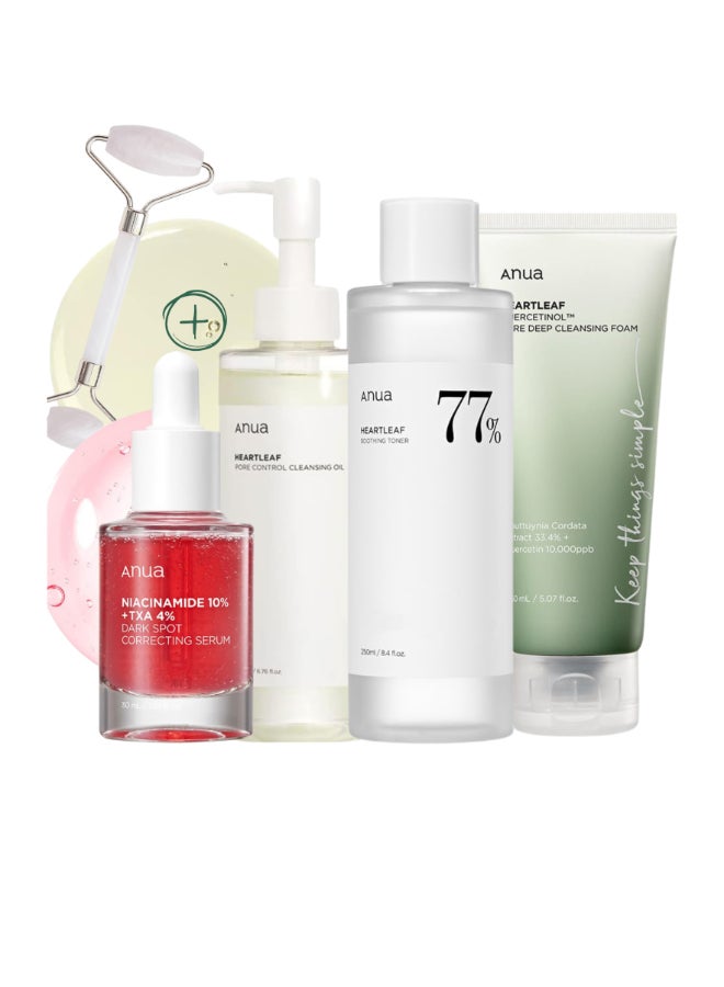 Anua Complete Pack Pore Control Cleansing Oil - Niacinamide Serum 10% - 77% Soothing Toner PH 5.5 - Pore Deep Cleansing Foam - & Massage Roller Korean Beauty Facial Care 630ml  - Image 1