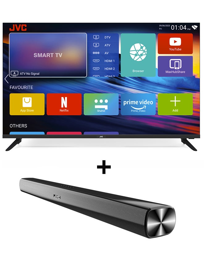 JVC - 50 Inch 4K UHD Edgeless Smart TV With Dolby Audio + 2.0CH Soundbar Plus Bluetooth, Usb, Fm Radio With 600W PMPO LT-50N7105+THN322B Black - Image 1