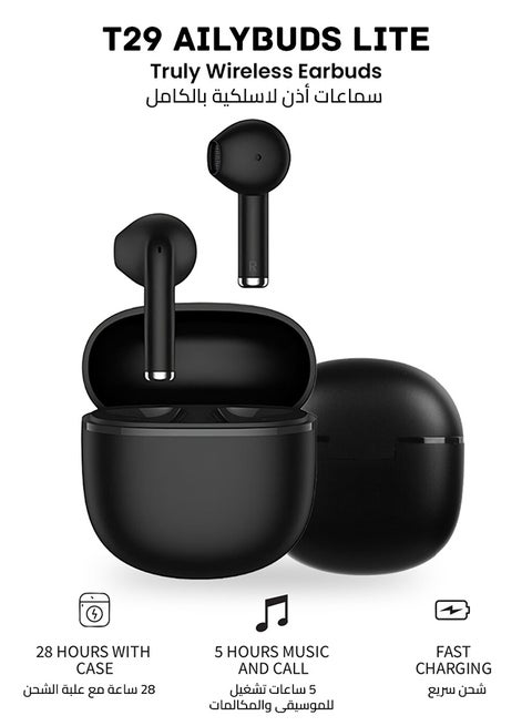 Ailybuds Lite T29 Truly Wireless Earbuds With Bionic Arc Design,Strong 5.3 Bluetooth Connection, 28 Hours Battery Life & 68 ms Low Latency Midnight Black