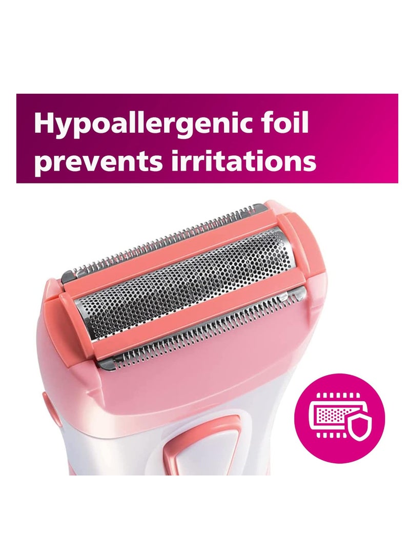 Philips Beauty Satin Shave Essential Women's Wet & Dry Electric Shaver For Legs, Cordless, Pink And White, HP6306/50  - Image 3