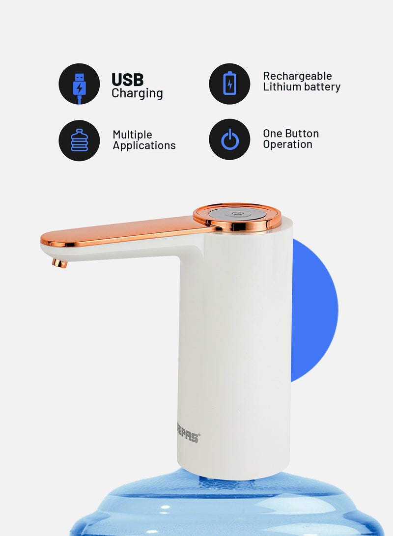 GEEPAS - Rechargeable Water Pump For Water Gallon, Portable And Light-Weight With Easy One Touch Mechanism And USB Charging, Can Be Used At Home And Office GWP17040 White/Rose Gold - Image 1