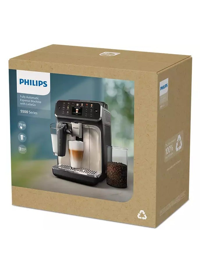 Philips - Series 5500 Fully Automatic Latte Go Espresso Machine, Silent Brew Technology Quick Start Aromatic Coffee From Freshly Ground Beans 20 Hot And Iced Drinks 5 L 1500 W EP5544_80 Black/Brown - Image 1