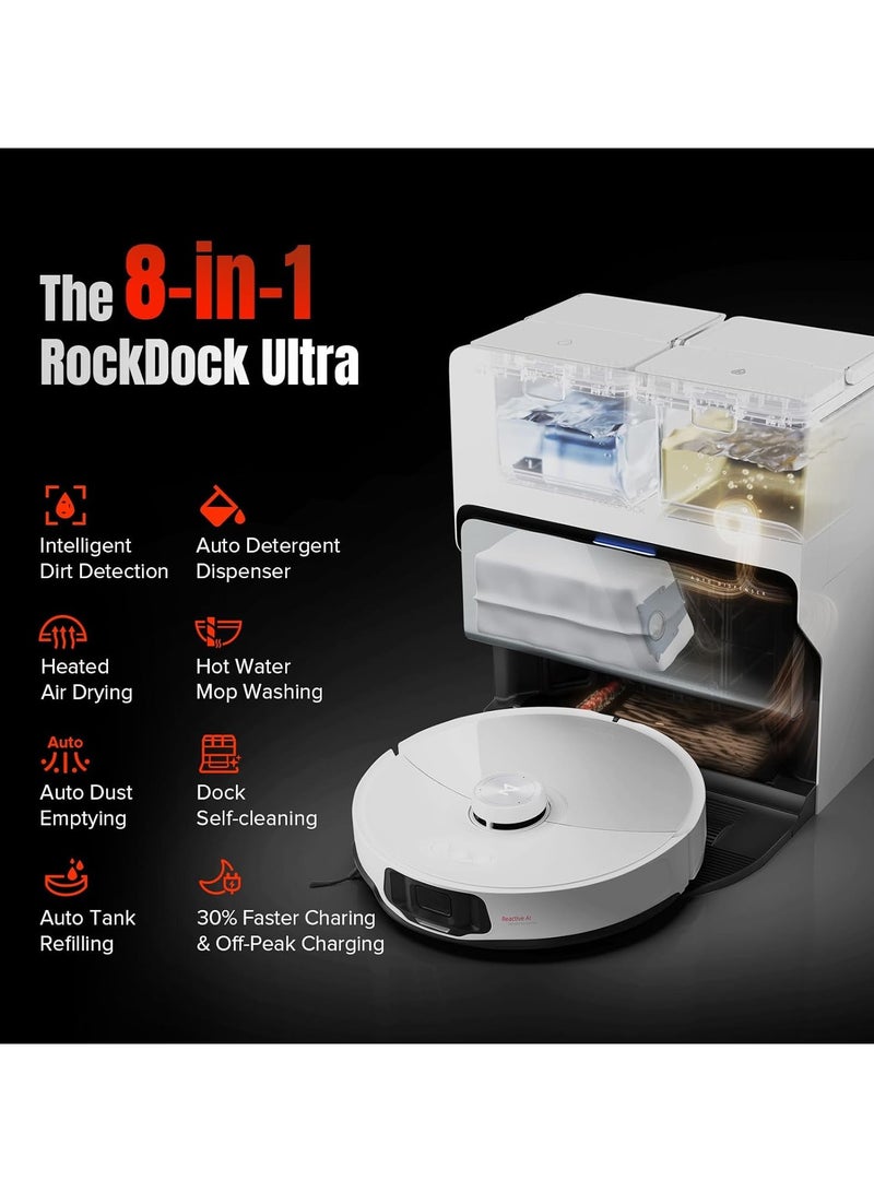 S8 MaxV Ultra Robot Vacuum and Sonic Mop,10000 Pa Suction,Corner to Edge Deep Cleaning,Hot Air Self-Drying, Auto Empty and Refill,Detergent Dispenser,Obstacle Avoidance,Black 2.7 L 69 W S82USV+EWFD13HRR White
