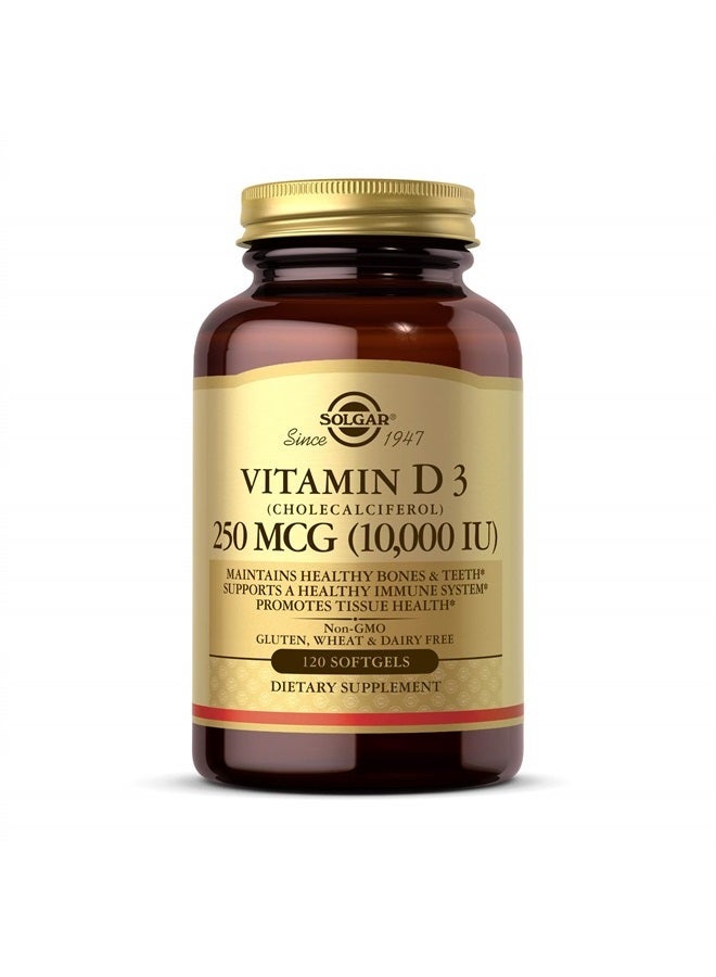 Solgar Vitamin D3 Cholecalciferol 250 MCG (10,000 IU), 120 Softgels Immune System Support - Non GMO, Gluten, Dairy Free - 120 Servings - Image 1