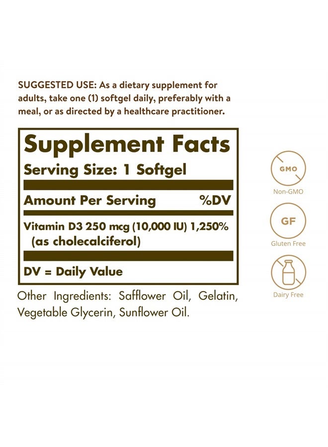 Solgar Vitamin D3 Cholecalciferol 250 MCG (10,000 IU), 120 Softgels Immune System Support - Non GMO, Gluten, Dairy Free - 120 Servings - Image 2