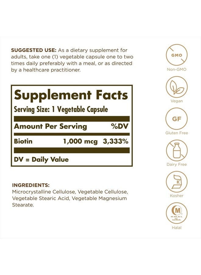 Solgar Biotin 1000 Mcg - 100 Vegetable Capsules- 100 Servings - Image 2