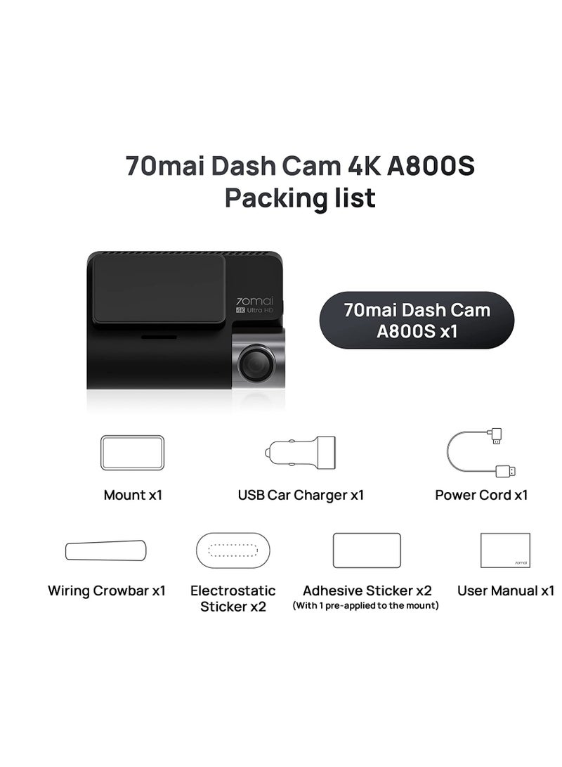 70mai - 4K Smart Dash Cam A800, Imx415 Native True 4K Resolution, Built-In Gps & Adas, Wifi, G-Sensor, 3" Ips Screen, Ios/Android App - Image 1