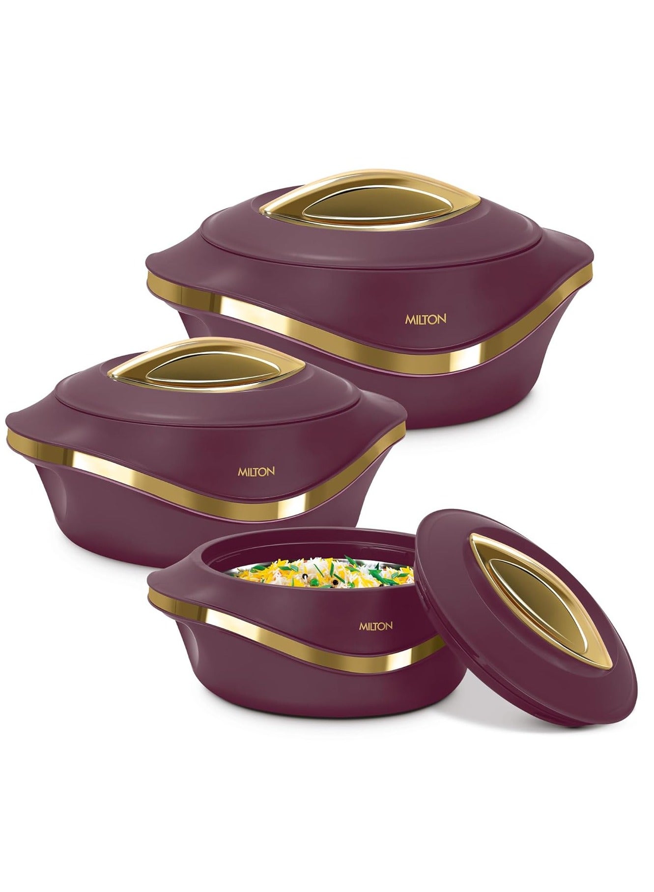 Pearl Inner Stainless Steel Jr. Set of 3 (860 ml, 1.27 Litre, 1.96 Litre), Maroon | BPA Free | Food Grade | Easy to Carry | Easy to Store | Chapati | Roti | Curd Maker Marron 