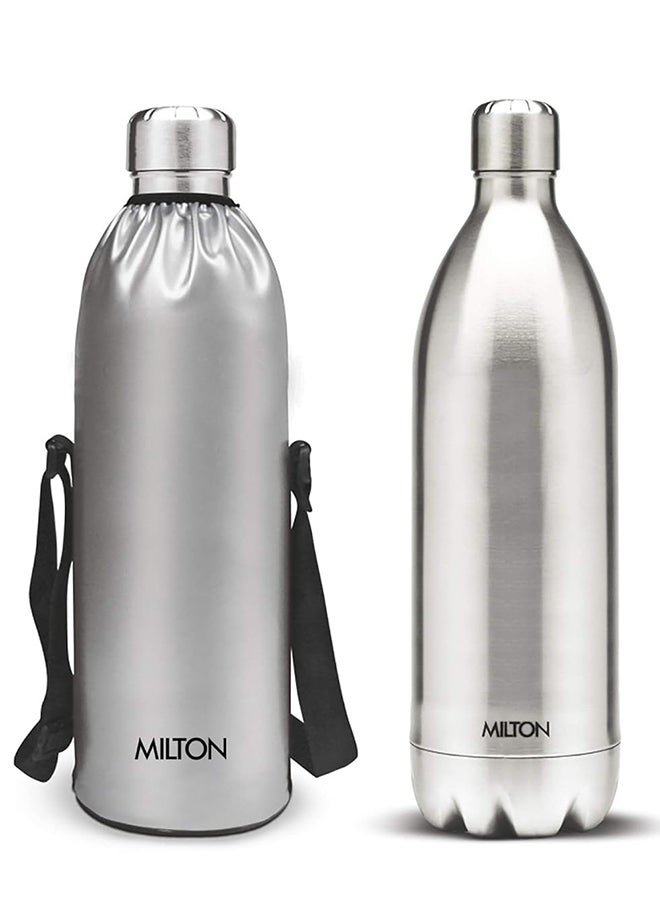 Insulated Water Bottle (60 oz), Stainless Steel Double Walled Vacuum for 24 Hours Hot and Cold with Bag, Leakproof, BPA Free for Sport, Gym, Bike, Travel, Thermosteel Duo DLX 1800, Silver Silver 