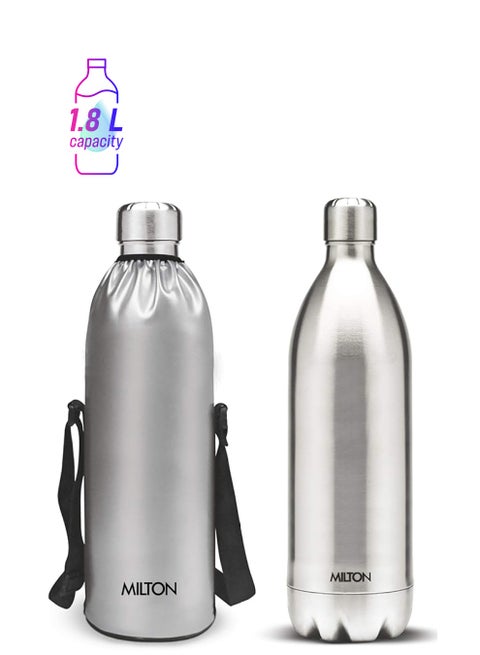 1800ml Vacuum Insulated Water Bottle with Jacket, 18/8 Stainless Steel, Keeps Drinks Hot and Cold for 24 Hours, Double-Walled Thermos Flask with Inner Copper Coating - Duo Dlx Silver