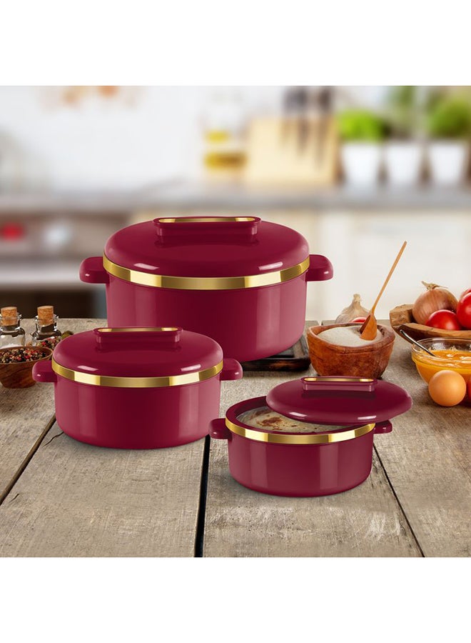 Milton - 3-Piece Casserole Set (450ml, 840ml, 1.30L) Double-Walled Hotpot with PU Insulation & Stainless Steel Inner, Keeps Food Hot/Cold, Perfect for Serving Chapati, Roti & Mandi - Curve Jr Maroon Set of 3 - Image 1
