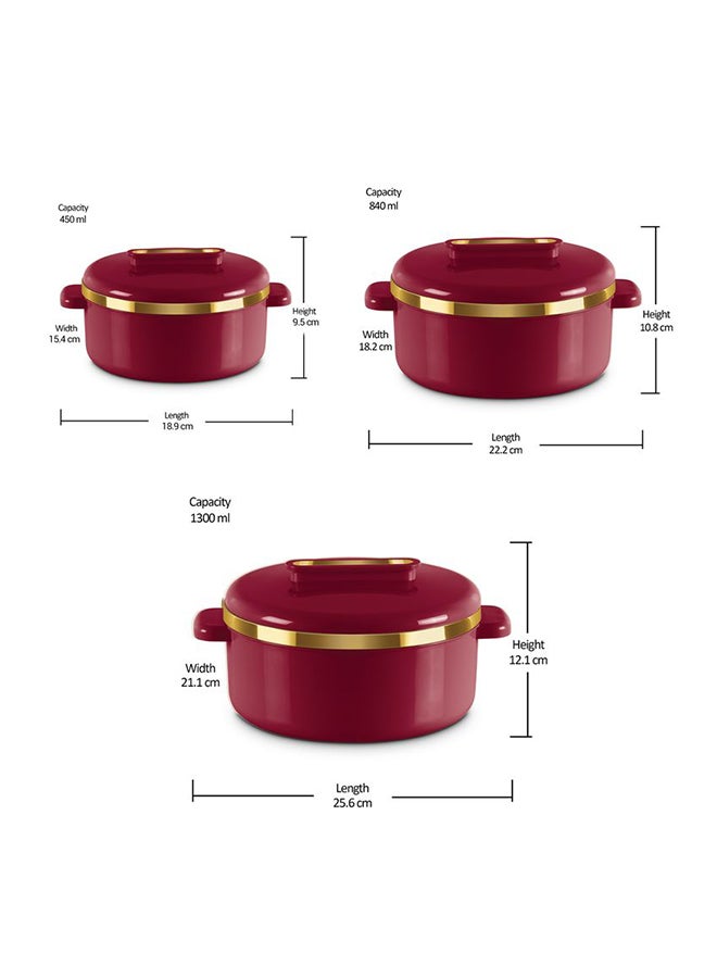 Milton - 3-Piece Casserole Set (450ml, 840ml, 1.30L) Double-Walled Hotpot with PU Insulation & Stainless Steel Inner, Keeps Food Hot/Cold, Perfect for Serving Chapati, Roti & Mandi - Curve Jr Maroon Set of 3 - Image 1