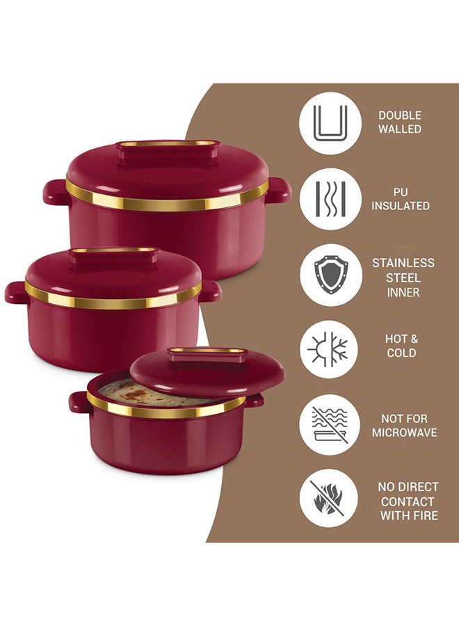 Milton - 3-Piece Casserole Set (450ml, 840ml, 1.30L) Double-Walled Hotpot with PU Insulation & Stainless Steel Inner, Keeps Food Hot/Cold, Perfect for Serving Chapati, Roti & Mandi - Curve Jr Maroon Set of 3 - Image 1