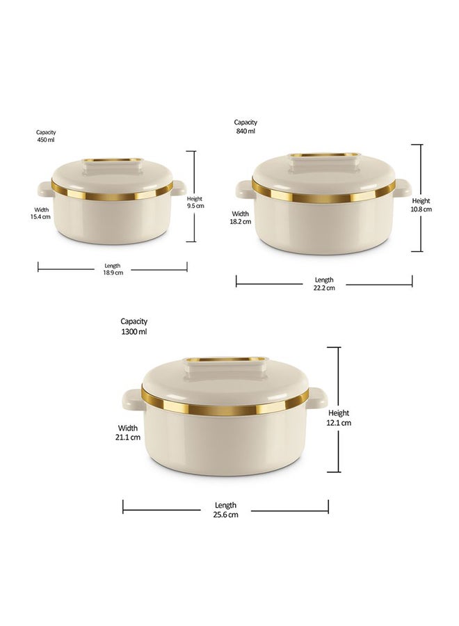 3-Piece Casserole Set (450ml, 840ml, 1.30L) Double-Walled Hotpot with PU Insulation & Stainless Steel Inner, Keeps Food Hot/Cold for Hours, Perfect for Serving Biryani & Roti - Curve Jr Ivory Set of 3