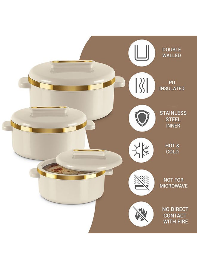 3-Piece Casserole Set (450ml, 840ml, 1.30L) Double-Walled Hotpot with PU Insulation & Stainless Steel Inner, Keeps Food Hot/Cold for Hours, Perfect for Serving Biryani & Roti - Curve Jr Ivory Set of 3