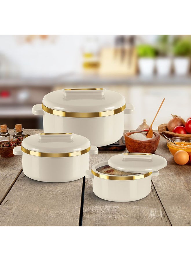 3-Piece Casserole Set (450ml, 840ml, 1.30L) Double-Walled Hotpot with PU Insulation & Stainless Steel Inner, Keeps Food Hot/Cold for Hours, Perfect for Serving Biryani & Roti - Curve Jr Ivory Set of 3