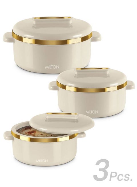 3-Piece Casserole Set (450ml, 840ml, 1.30L) Double-Walled Hotpot with PU Insulation & Stainless Steel Inner, Keeps Food Hot/Cold for Hours, Perfect for Serving Biryani & Roti - Curve Jr Ivory Set of 3