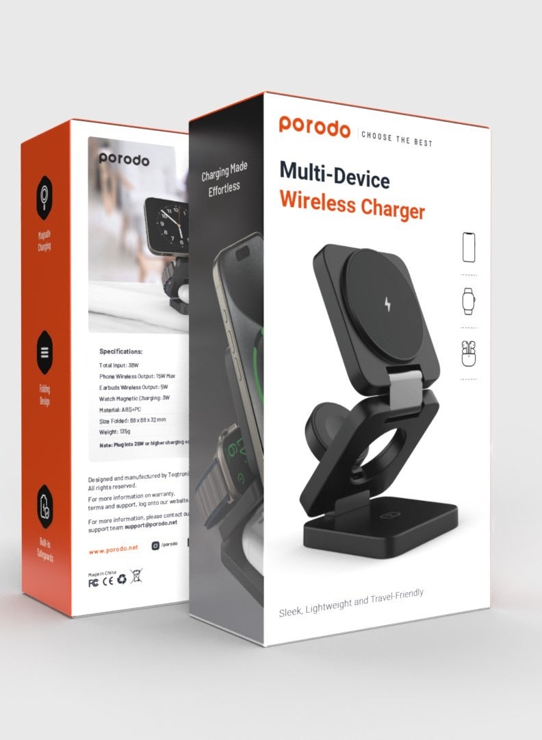 porodo - 3in1 Magsafe Wireless Foldable Fast Charger 15W - Black - Image 1