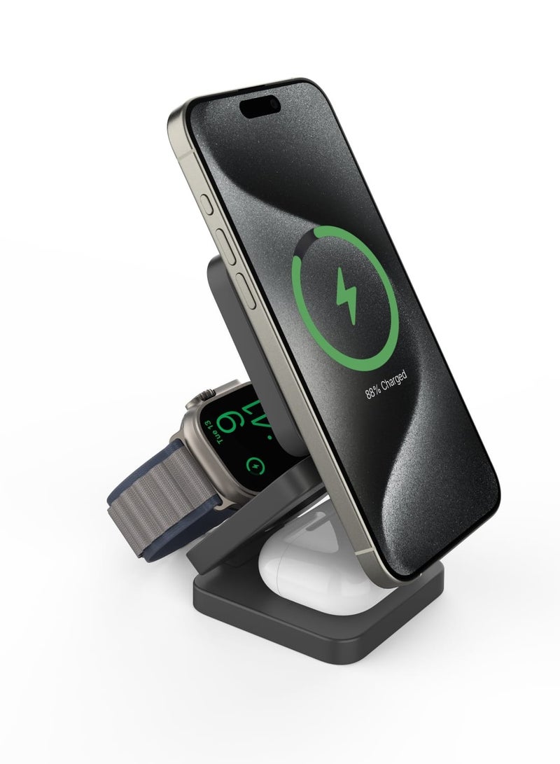 porodo - 3in1 Magsafe Wireless Foldable Fast Charger 15W - Black - Image 1