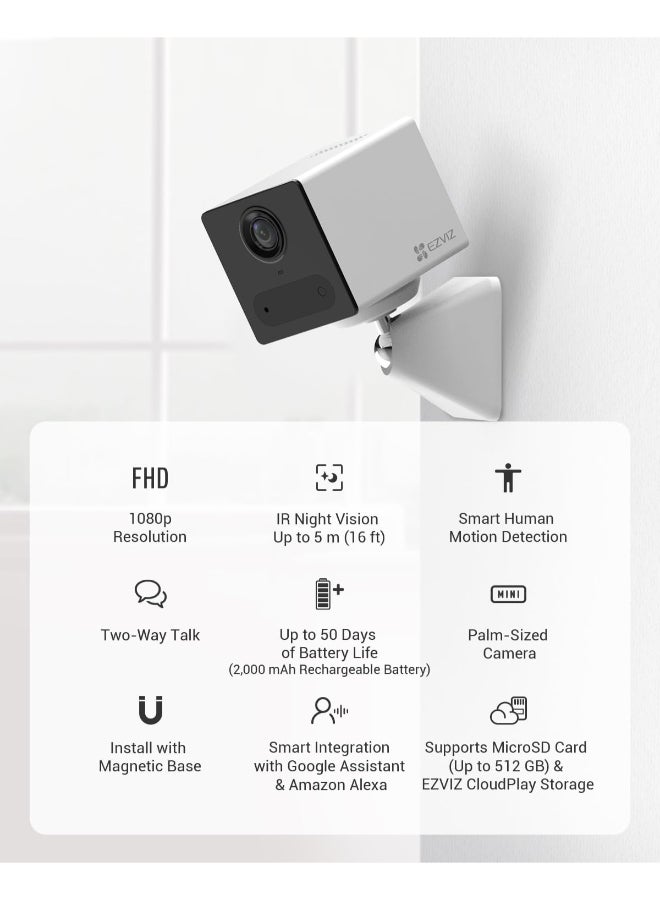 EZVIZ CB2 Indoor Wi-Fi Smart Battery Camera – 1080p HD, IR Night Vision 16ft, Two-Way Audio, Motion Detection Alerts, MicroSD & Cloud Storage, Magnetic Base, Google Assistant & Alexa Compatible, White | CS-CB2 - Image 2