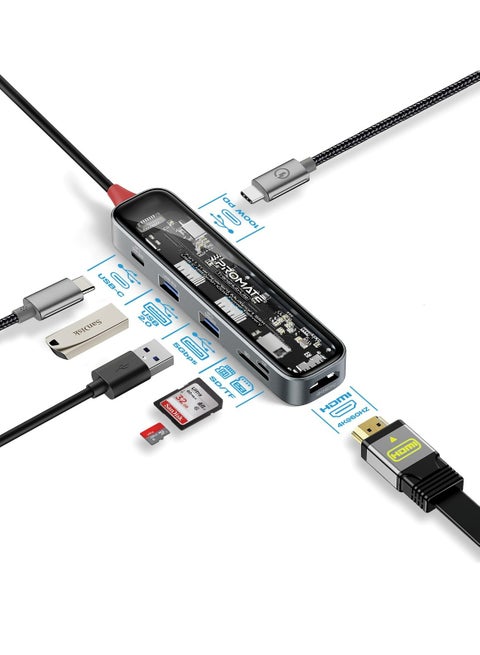USB-C Hub, Transparent 7-in-1 Multi-Display Hub with 4K HDMI, High Capacity 2TB SD/TF Card Slot, Dual 5Gbps USB-A Ports, 100W USB-C PD and USB-C Data Port for MacBook Pro, Dell, TransHub-Lite Black