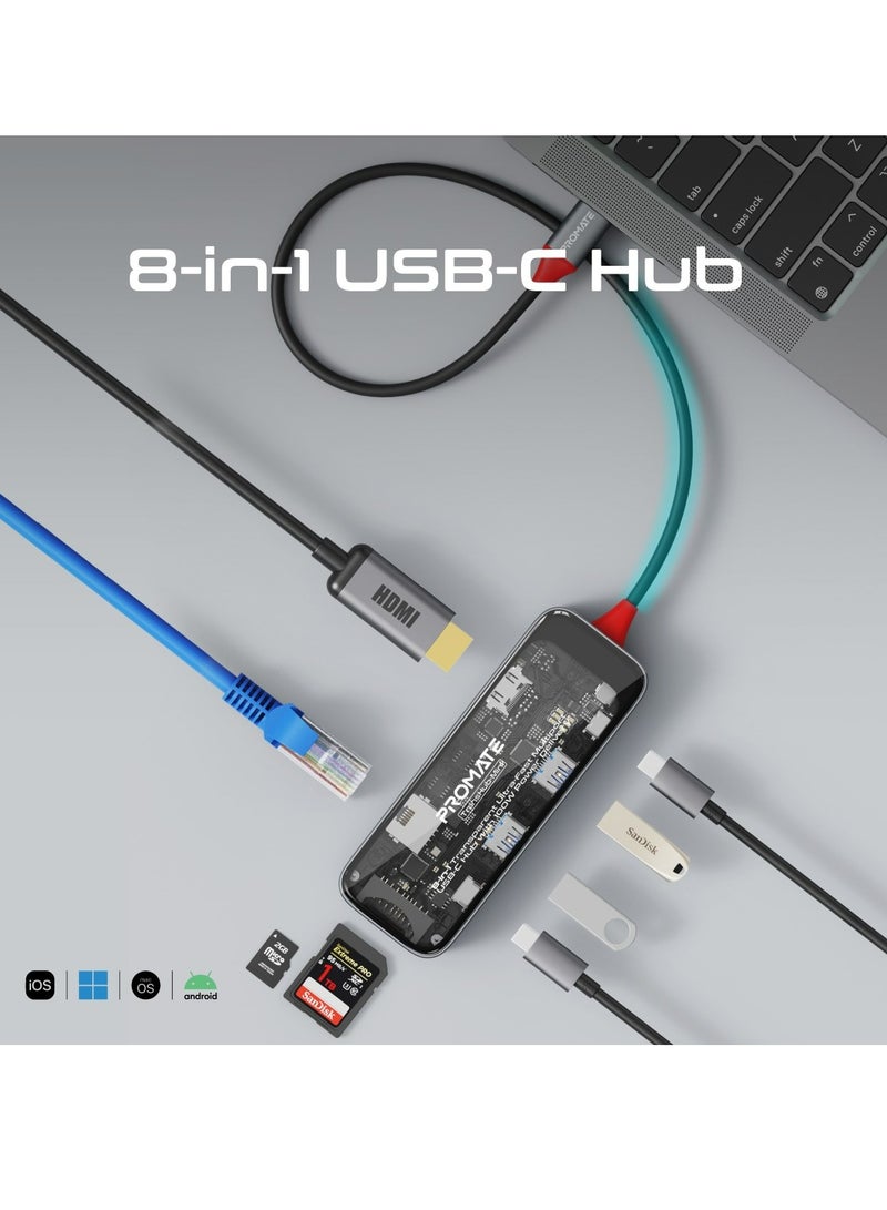 بروميت موزع USB-C، موزع متعدد الشاشات شفاف 8 في 1 مع منفذ HDMI بدقة 4K، وشبكة LAN بسرعة 1000 ميجابت في الثانية، وفتحة بطاقة SD/TF، ومنفذي USB-A بسرعة 5 جيجابت في الثانية، ومنفذ USB-C، وتوصيل طاقة USB-C بقوة 100 وات لأجهزة MacBook Pro وDell وTransHub-Mini  - Image 2
