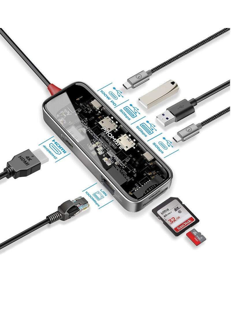 بروميت موزع USB-C، موزع متعدد الشاشات شفاف 8 في 1 مع منفذ HDMI بدقة 4K، وشبكة LAN بسرعة 1000 ميجابت في الثانية، وفتحة بطاقة SD/TF، ومنفذي USB-A بسرعة 5 جيجابت في الثانية، ومنفذ USB-C، وتوصيل طاقة USB-C بقوة 100 وات لأجهزة MacBook Pro وDell وTransHub-Mini  - Image 1