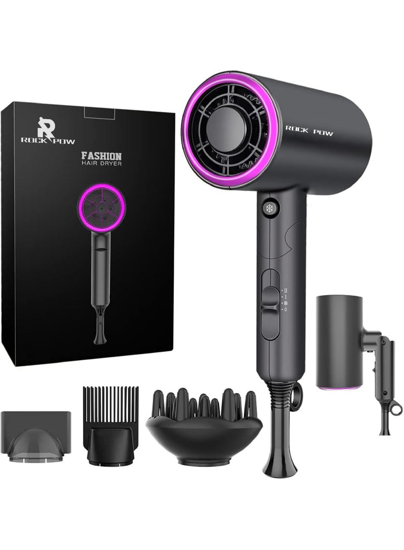 Rock Pow - 1800W Ionic Hair Dryer Professional Salon Hair Blow Dryer 3 Heating/2 Speed/Cold Settings Blow Dryer with 2 Concentrator 1 Diffuser Foldable Hair Dryer For Home Salon Travel Black - Image 1