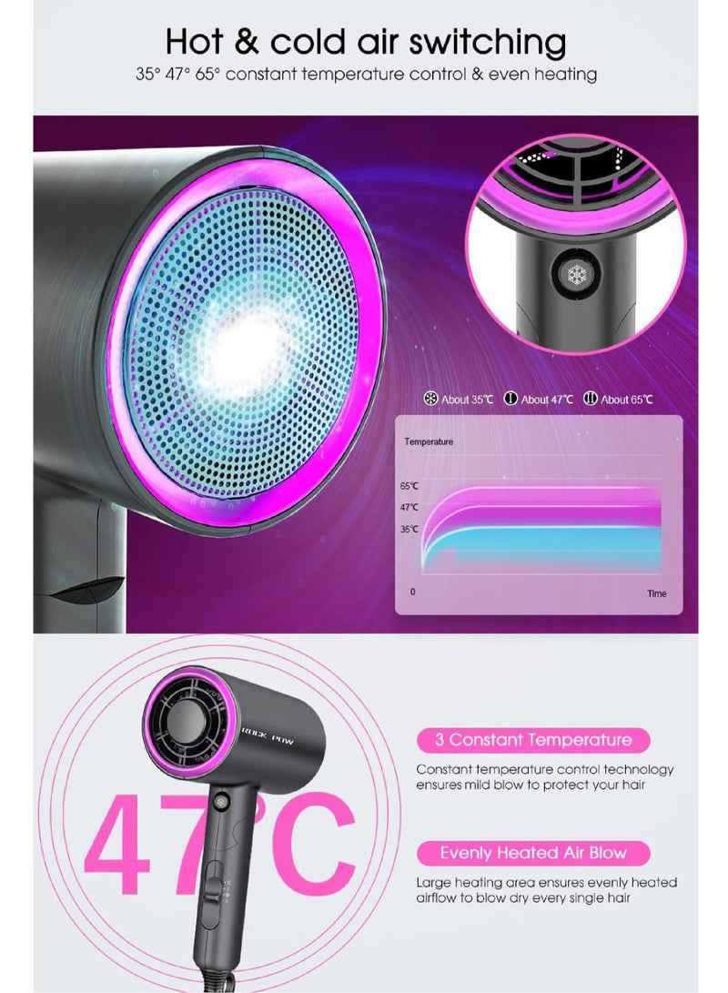 Rock Pow - 1800W Ionic Hair Dryer Professional Salon Hair Blow Dryer 3 Heating/2 Speed/Cold Settings Blow Dryer with 2 Concentrator 1 Diffuser Foldable Hair Dryer For Home Salon Travel Black - Image 1