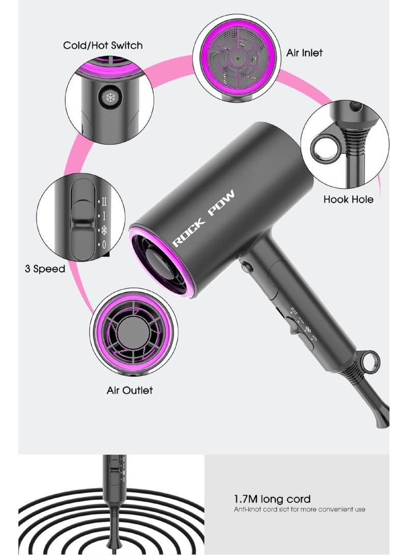 Rock Pow - 1800W Ionic Hair Dryer Professional Salon Hair Blow Dryer 3 Heating/2 Speed/Cold Settings Blow Dryer with 2 Concentrator 1 Diffuser Foldable Hair Dryer For Home Salon Travel Black - Image 1