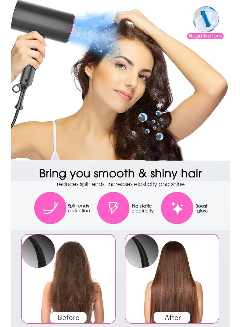 Rock Pow - 1800W Ionic Hair Dryer Professional Salon Hair Blow Dryer 3 Heating/2 Speed/Cold Settings Blow Dryer with 2 Concentrator 1 Diffuser Foldable Hair Dryer For Home Salon Travel Black - Image 1