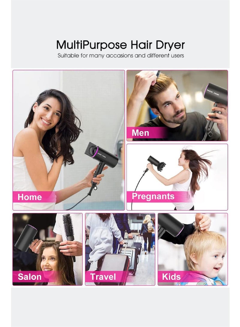 Rock Pow - 1800W Ionic Hair Dryer Professional Salon Hair Blow Dryer 3 Heating/2 Speed/Cold Settings Blow Dryer with 2 Concentrator 1 Diffuser Foldable Hair Dryer For Home Salon Travel Black - Image 1