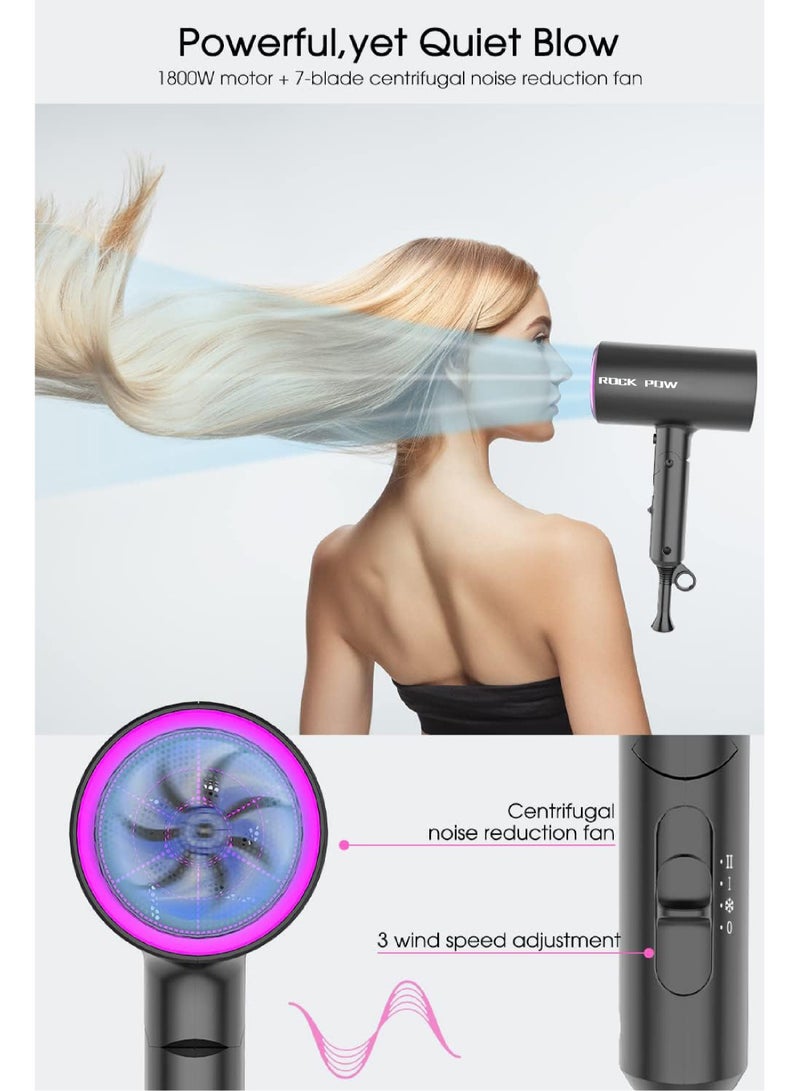 Rock Pow - 1800W Ionic Hair Dryer Professional Salon Hair Blow Dryer 3 Heating/2 Speed/Cold Settings Blow Dryer with 2 Concentrator 1 Diffuser Foldable Hair Dryer For Home Salon Travel Black - Image 1