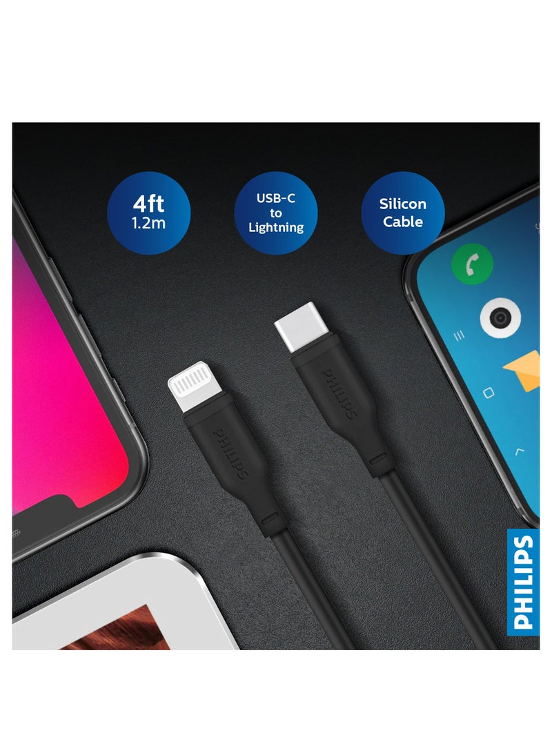 Philips USB C To Lightning Charging Cable Silicone Fast Charge Type C Cable For iPhone 15/15 Pro/15 Pro Max/iPhone Series Black  - Image 2