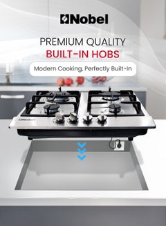 Nobel Built-In Hobs, 4 Gas Burners with Flame Failure Device, Energy Saving Burner, Stainless Steel Panel, Cast Iron Pan Support, Elegant Knob, Auto Ignition NBH6401 Stainless Steel  - Image 2