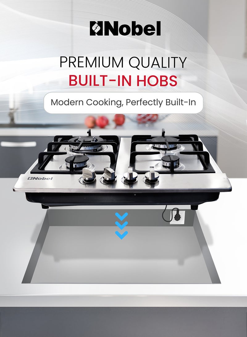 Nobel - Built-In Hobs, 4 Gas Burners with Flame Failure Device, Energy Saving Burner, Stainless Steel Panel, Cast Iron Pan Support, Elegant Knob, Auto Ignition NBH6401 Stainless Steel - Image 1