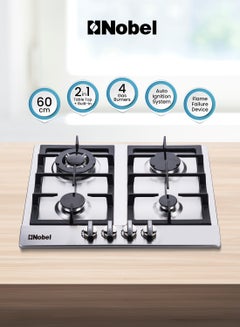 Nobel Built-In Hobs, 4 Gas Burners with Flame Failure Device, Energy Saving Burner, Stainless Steel Panel, Cast Iron Pan Support, Elegant Knob, Auto Ignition NBH6401 Stainless Steel  - Image 1