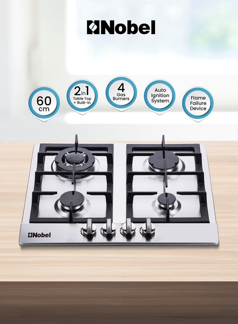 Nobel - Built-In Hobs, 4 Gas Burners with Flame Failure Device, Energy Saving Burner, Stainless Steel Panel, Cast Iron Pan Support, Elegant Knob, Auto Ignition NBH6401 Stainless Steel - Image 1