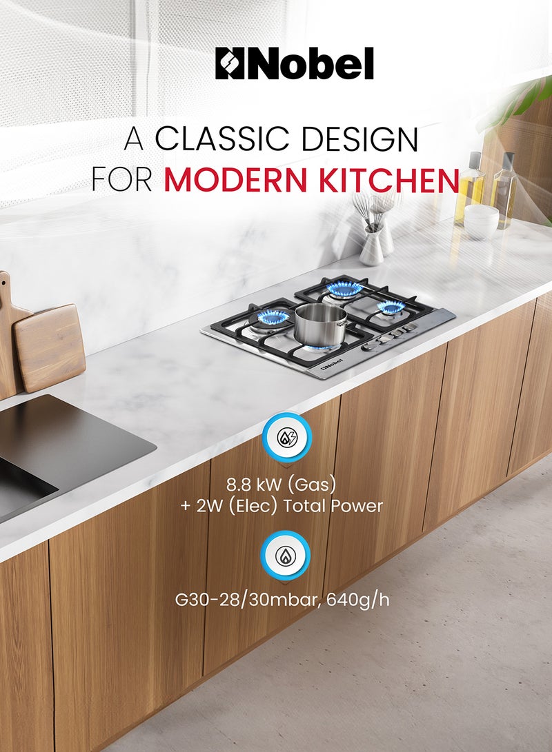 Nobel - Built-In Hobs, 4 Gas Burners with Flame Failure Device, Energy Saving Burner, Stainless Steel Panel, Cast Iron Pan Support, Elegant Knob, Auto Ignition NBH6401 Stainless Steel - Image 1