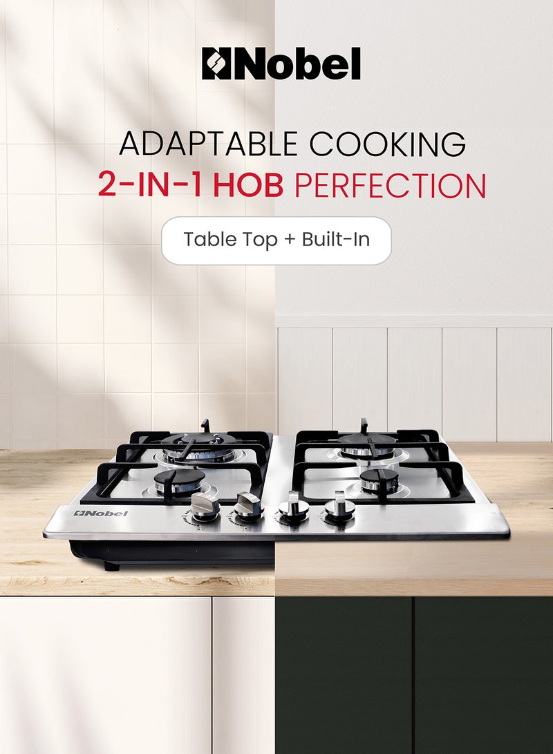 Nobel - Built-In Hobs, 4 Gas Burners with Flame Failure Device, Energy Saving Burner, Stainless Steel Panel, Cast Iron Pan Support, Elegant Knob, Auto Ignition NBH6401 Stainless Steel - Image 1