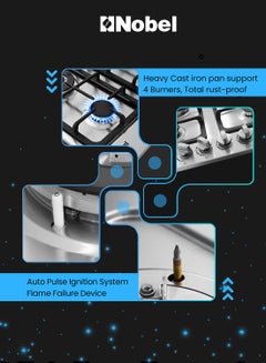Nobel Built-In Hobs, 4 Gas Burners with Flame Failure Device, Energy Saving Burner, Stainless Steel Panel, Cast Iron Pan Support, Elegant Knob, Auto Ignition NBH6401 Stainless Steel  - Image 5