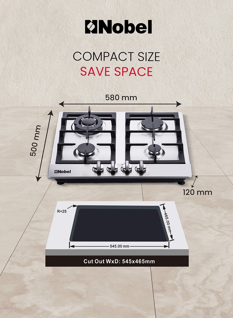 Nobel - Built-In Hobs, 4 Gas Burners with Flame Failure Device, Energy Saving Burner, Stainless Steel Panel, Cast Iron Pan Support, Elegant Knob, Auto Ignition NBH6401 Stainless Steel - Image 1