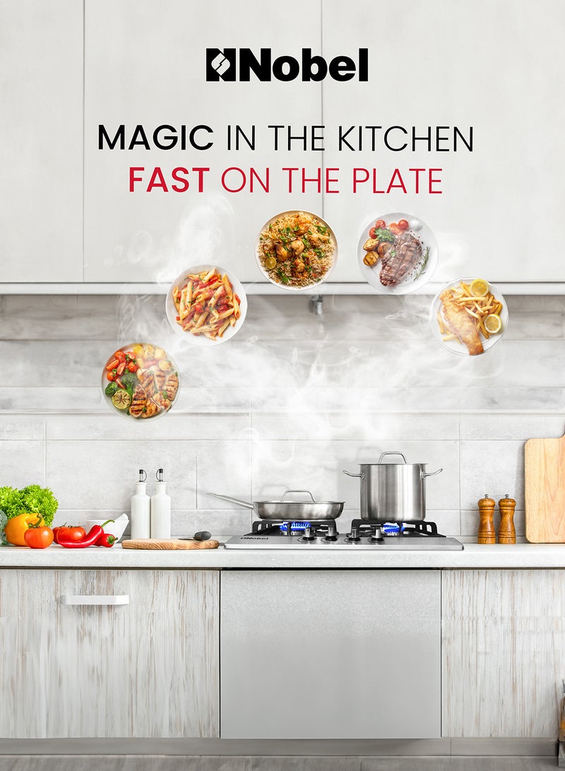 Nobel - Built-In Hobs, 4 Gas Burners with Flame Failure Device, Energy Saving Burner, Stainless Steel Panel, Cast Iron Pan Support, Elegant Knob, Auto Ignition NBH6401 Stainless Steel - Image 1