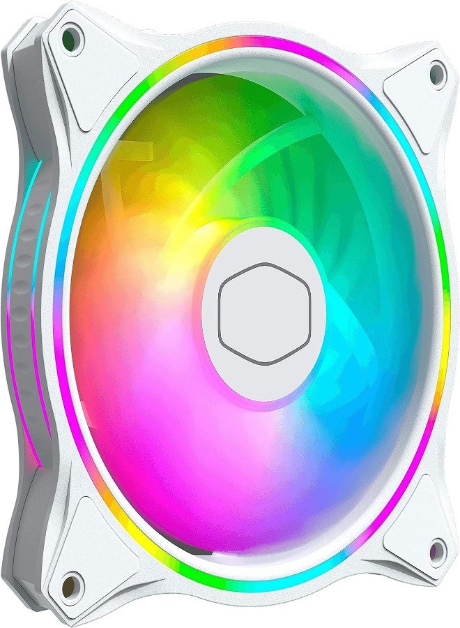 كولر ماستر MasterFan MF120 Halo White Edition ARGB - إضاءة RGB قابلة للتوجيه بحلقتين، هيكل وتبريد بتصميم شفرة مروحة هجينة مع حماية مستشعر التشويش وإطار امتصاص الاهتزاز - 120 مم 