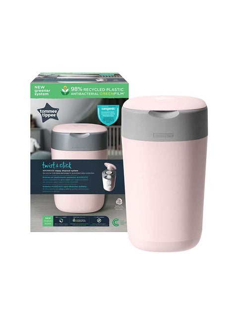Twist And Click Advanced Nappy Bin, Eco-Friendlier System, Includes 1x Refill Cassette With Sustainably Sourced Antibacterial Greenfilm, Pink